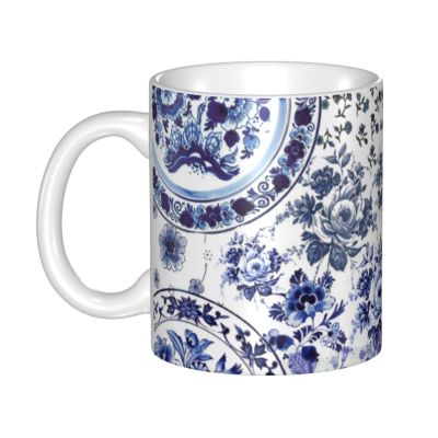 Customized Vintage Delft Blue Flowers Porcelain Print Mug DIY Oriental Floral Art Ceramic Tea Milk Coffee Cup