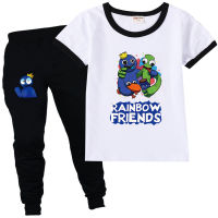 Rainbow Friends Ro Bloxs ชุดเสื้อผ้า2ชิ้นสำหรับเด็กผู้ชายและเด็กผู้หญิงเสื้อยืดแขนสั้น + ชุดออกกำลังกายแฟชั่นกางเกงลำลองมีสายผูก0000