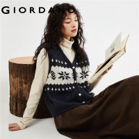 GIORDANO Women Sweaters Contrasting Jacquard Warm Sweater Vests V-Neck Button Closure Fashion Casual Loose Vests 18353606