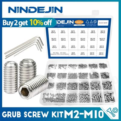 NINDEJIN Kit sekrup Grub M2-M10 304 Set cangkir soket Hex baja tahan karat titik sekrup tanpa kepala Kit bermacam-macam sekrup dengan kunci Hex
