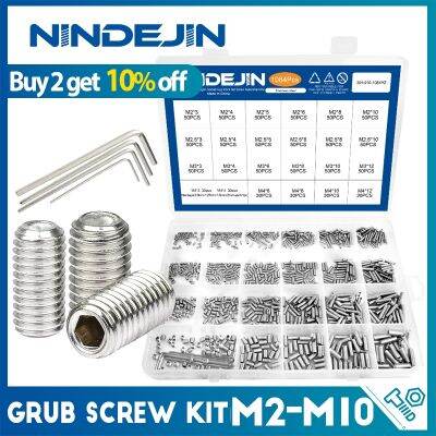 NINDEJIN Kit sekrup Grub M2-M10 304 Set cangkir soket Hex baja tahan karat titik sekrup tanpa kepala Kit bermacam-macam sekrup dengan kunci Hex