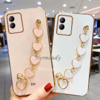 เคสใหม่สำหรับ VIVO Y17S VIVOY17S 2023ผู้หญิงหลากสีเคสมือถือชุบโลหะด้วยไฟฟ้าแบบตรงขอบพร้อมด้วยสร้อยข้อมือรูปหัวใจแฟชั่นด้านหลัง