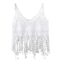 ผู้หญิง Hollow Out โครเชต์ Crop Tank Top ถักหัวใจลูกไม้ยาว Tassels Camisole แขนกุดดูผ่านเสื้อกั๊ก Beach Cover Up