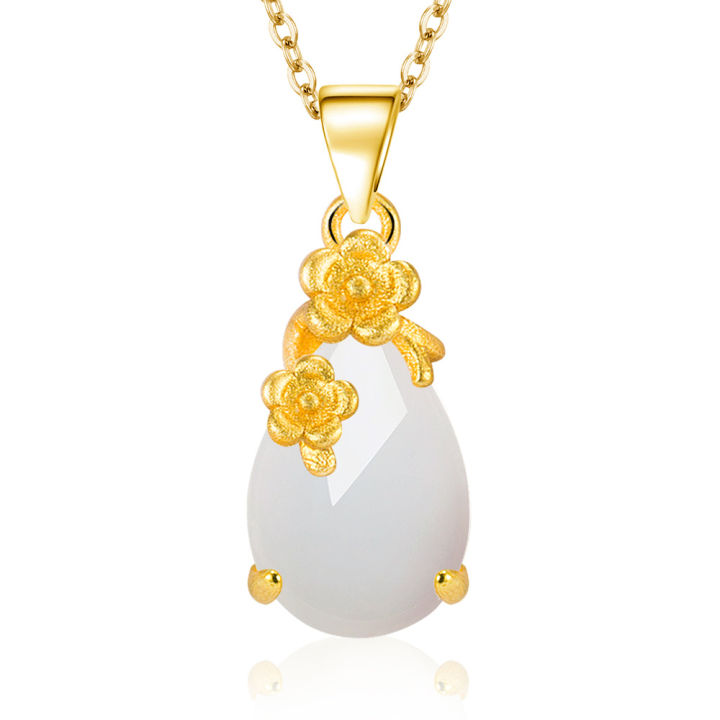 1pc Plum Blossom Shaped Sandy Gold & White Jade Pendant Necklace