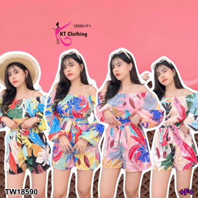 TW18590 set 2 ชิ้น เสื้อไหล่ปาด แขนพอง ลายใบไม้ + กางเกงขาสั้น เอวผูกโบว์