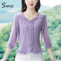 SNUG 2023เสื้อเบลาส์สีทึบสุดชิคสำหรับฤดูใบไม้ร่วงมาใหม่พร้อมแขนสามส่วนแบบลูกไม้ตัดต่อลดอายุและเข้ารูปพอดีสไตล์ตะวันตก