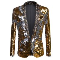 ZZOOI Shiny yellow Flipping Sequin Bazer Jacket Men Nightclub Prom Suit Blazer Men Wedding Groom Stage Singer Suit Jacket Costume Homme Suits and Blazer