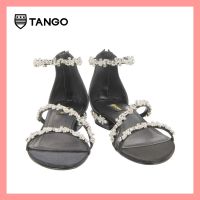 TANGO รองเท้าแฟชั่นสตรีรุ่น BLINGBLING-A รองเท้าผู้หญิง เย็บประดับคริสตัลสีขาว หนังแท้สีดำ หุ้มด้วยผ้าไหมซาติน รองเท้าแตะหุ้มส้น รองเท้าสำหรับออกงาน