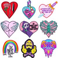 Embroidered Iron on Patch Cartoon Skull Heart Rainbow Rose Skeleton Heart Hands Sew on Emblem Badge for Jackets Hat Clothing Bag Haberdashery