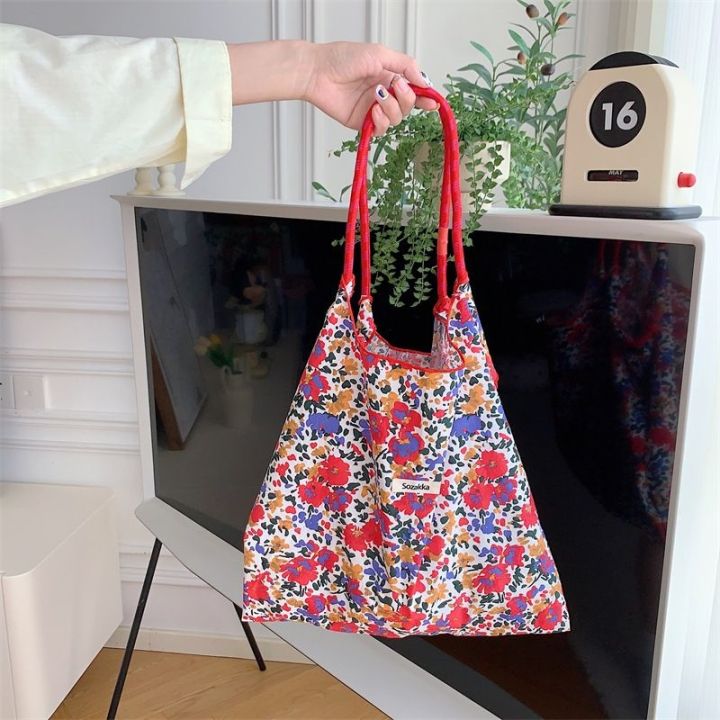 hot-sale-cloth-bag-floral-shoulder-female-korean-style-fresh-tote-large-capacity-underarm-drawstring-shopping