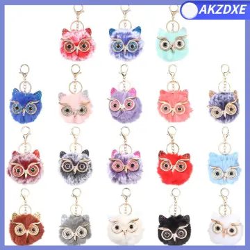 Pom Pom Plush Big Eye Owl Keychain Cute Cartoon Animal Bag Key