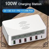 UBEWLB 100W ยูเอสบี อะแดปเตอร์ชาร์จ QC PD 6พอร์ตค่ะ แหล่งจ่ายไฟฟ้า สากลสากลสากล ปลั๊ก UK EU US AU สถานีชาร์จเร็ว สำหรับ IPhone 14 13 12/Samsung/Huawei สำหรับ iPhone 14 13 12