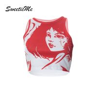 COD DSFERTGRYER SweeticMe Womens Round Neck Pullover Print Navel Sleeveless Tank Top