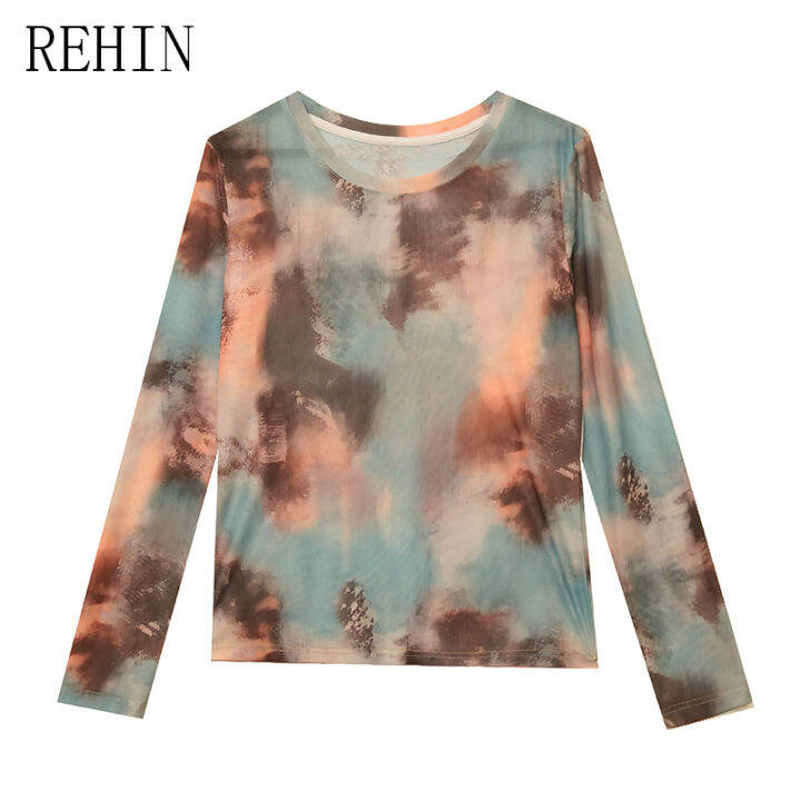 rehin-2023เสื้อของผู้หญิงใหม่บางและแฟชั่นเสื้อชีฟองพิมพ์ลายแขนคอกลมยาวเสื้อเสื้อตามเทรนด์เสื้อผ้าป้องกันแสงแดด