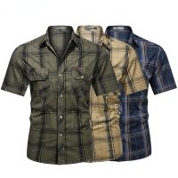 Men Lapel Shirt Plaid Printing Summer Short-sleeve Fashion Military Tops Casual Streetwear Male Work Shirts Army Green S-5XL