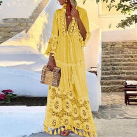 Spot parcel post2021 Spring Style Bohemian Style New Lace Tassel Stitching Beach Vacation Temperament Long Dress Dress