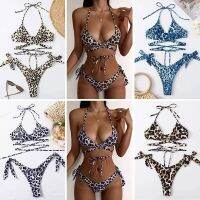 Womens Lace-Up Cross Beach Sexy Leopard Print Lace-Up Split Swimsuit