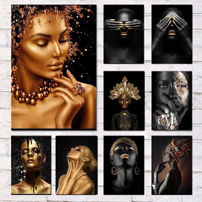 African Art Black And Gold Woman ภาพวาดผ้าใบโปสเตอร์และพิมพ์ Scandinavian Wall Art รูปภาพสำหรับห้องนั่งเล่น Cuadros New