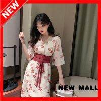 NEW MALL แขนสั้นลายดอกไม้ชีฟอง ไปเที่ยวทะเลHanfuเครื่องแต่งกายโบราณขนาดบวกชุดหญิงเสื้อผ้าญี่ปุ่น2022ใหม่เอวบางย้อนยุค 010601