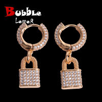 Bubble Letter Lock Stud Earring for Men Iced Out Bling Real Gold Plated Hip Hop Jewelry