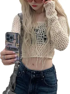 Women Mesh Crochet Crop Tops Ripped Cropped Knit See-Through Long