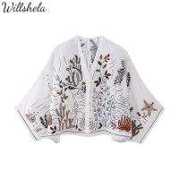 Willshela เสื้อย้อนยุคลำลองสำหรับผู้หญิงแขนพองครึ่งคอทรงหลวมปักเสื้อสตรีเอวลอยวินเทจแฟชั่นสำหรับผู้หญิง