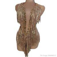 【hot】◑  Sparkly Rhinestones Fringes Leotard Tassel Bodysuit Jazz Costume One-piece Wear Dancer Performance Show