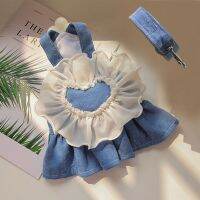 Dog Denim Dress with D Ring and Walking Leash Puppy Cute Heart Lace Mesh Princess Skirt for Small Dog Summer Fashion Pet Clothes Dresses