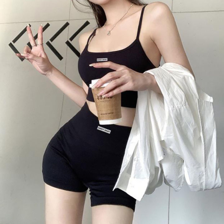 shenghao-ชุดสูทเล่นโยคะถักแบบเกาหลีสุดเซ็กซี่มีเชือกแขวนคอสำหรับผู้หญิงชุดออกกำลังกายแบบบางชุดชั้นใน