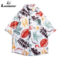 Lansboter เสื้อแขนสั้นพิมพ์ลายวินเทจของผู้ชาย,เสื้อฮาวายเสื้อยืดทรงโอเวอร์ไซส์ผ้าฝ้ายลำลองวินเทจ