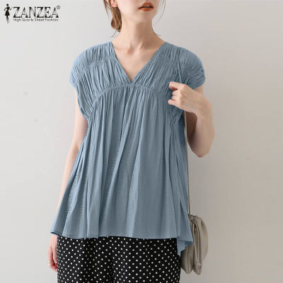 (สินค้ามาใหม่)(จัดส่งฟรี)Fancystyle ZANZEA เสื้ออัดกลีบสไตล์เกาหลีของผู้หญิงเสื้อเชิ้ตแขนลำลองขาสั้นคอวีหลวม #8