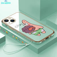 ZeroQiQi เคสโทรศัพท์ชุบเคสโทรศัพท์นิ่มลายการ์ตูนสำหรับ iPhone 15 Plus 15 Pro 15 Pro Max ฟรีสายคล้องปลาดาวแพททริกขอบสี่เหลี่ยม