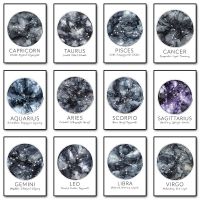 สาธิตแฟชั่น Zodiac ราศีมีน Leo Gemini Aries Constellation Moon Star Galaxy บทคัดย่อผ้าใบโปสเตอร์ภาพผนังพิมพ์ภาพวาด Room Home Decor New