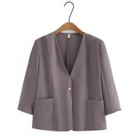 【มีไซส์ใหญ่】Plus Size L-4XL Womens 3/4 Sleeve Spring Summer OL Blazers Ladies Elegant One Button V-neck Female Outerwear