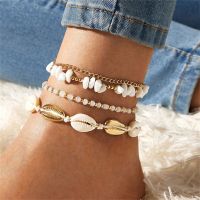 4pcs/Set Bohemian Seed Beaded Woven Chain Anklet Bracelet Summer Multilayer White Stone Shell Adjustable Ankle Chain For Girls