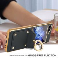Luxury Leather Ring Phone Case For Samsung Galaxy Z Flip5 Flip4 Flip3 Flip 5 4 3 5G Folding Hinge Protection Holder Cover
