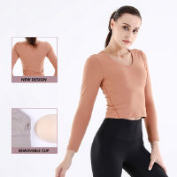 Lulu Womens Long Sleeve Top With Chest Pad Gym Wear Workout Yoga Clothing For Fitness Sports Shirt Crop Tops With Sleeves