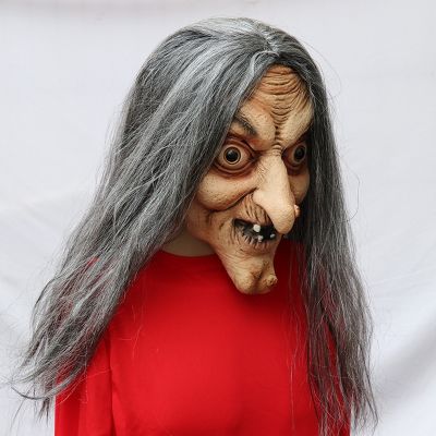 Scary Old Witch Mask Latex With Hair Halloween Fancy Dress Wig Grimace Party Costume Cosplay Horror Nun Masks Props Adult