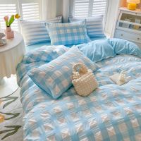 ♂❧ Girls Bedding Sets Kawaii Seersucker Bed Sheet Pillowcase Solid Color Duvet Cover Cute Home Decoration