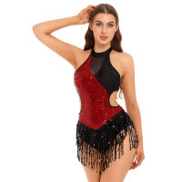 Latin Womens Dance Dress sequins fringed bodysuit ballroom comition Tango Cha Cha Rumba leotard dresses Performance costumes