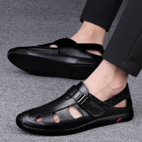 Mens Genuine Leather Sandals Summer Classic Hollow Breathable Casual Beach Shoes Luxury Fashion Soft Comfortable Cool Slippers