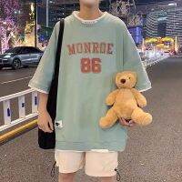 ฤดูร้อนรูปแบบใหม่แขนสั้นผู้ชายผู้หญิงอินเทรนด์ Ins จดหมายพิมพ์ปลอมสองชิ้นแขนครึ่งจุด
