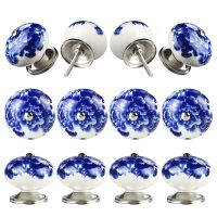 12Pcs Handmade Ceramic Door Knobs for Cupboards Cabinet Knobs Blue on White Wardrobe Door Handles Comes with Screw Cap