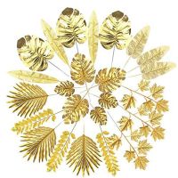 24Pcs Artificial Leaves Gold Palm Leaves Golden Tropical Plants Palm Leaves for Wedding Home DIY Decorations Supplies