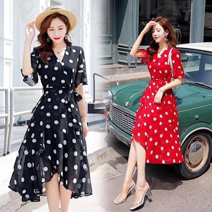 Women Polka Dot Dress Short Sleeve Maxi Dress Summer Beach Party Plus Size  Long Dresses V neck High Waist | Lazada Singapore