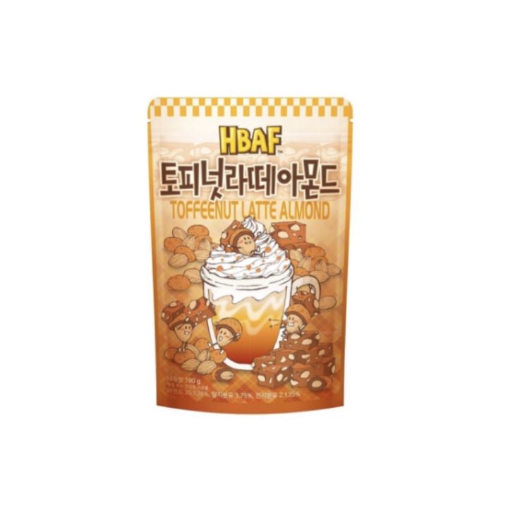 noona-mart-ขนมเกาหลี-เอชบีเอเอฟ-อัลมอนด์-อบ-รสถั่วทอฟฟี่กาแฟลาเต้-hbaf-toffeenut-latte-almond-190g