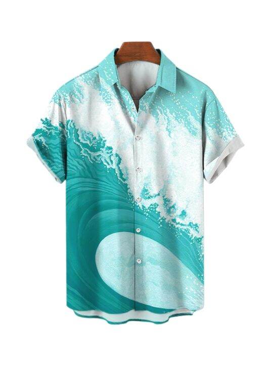 เสื้อเชิ้ตฮาวายสำหรับผู้ชายโอเวอร์ไซส์ฤดูร้อนเสื้อชายหาดฮาราจูกุลายคลื่นอนิเมะสไตล์แฟชั่นสำหรับผู้ชาย