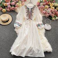 Linen Dress Woman Embroidery Long Sleeve Dress Elegant Ethnic Boho White Clothes Autumn Winter Dresses For Women Party 2022 Red