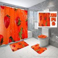 【hot】ﺴ  4 Pcs Strawberry Shower Curtain Sets with Toilet Lid Cover and Pink Fruit Kids