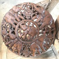 ไม้แกะสลักลายช้าง 5ตัว Teak Wood Carving แผ่นไม้สักทรงกลม ขนาด 45 ซม.สไตล์วินเทจ ส่งด่วน ส่งไว